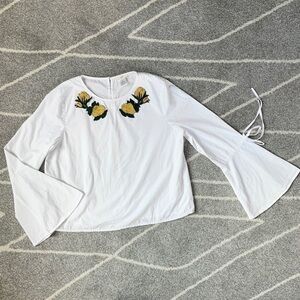 InTu White Bell Sleeve Boho Top w/ Floral Appliqué